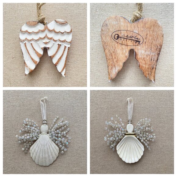 Auld Home Design Other - 2 for $20 Angel Ornaments – 1 Carved Wood + 1 Sparkly Shell with Beaded Wings